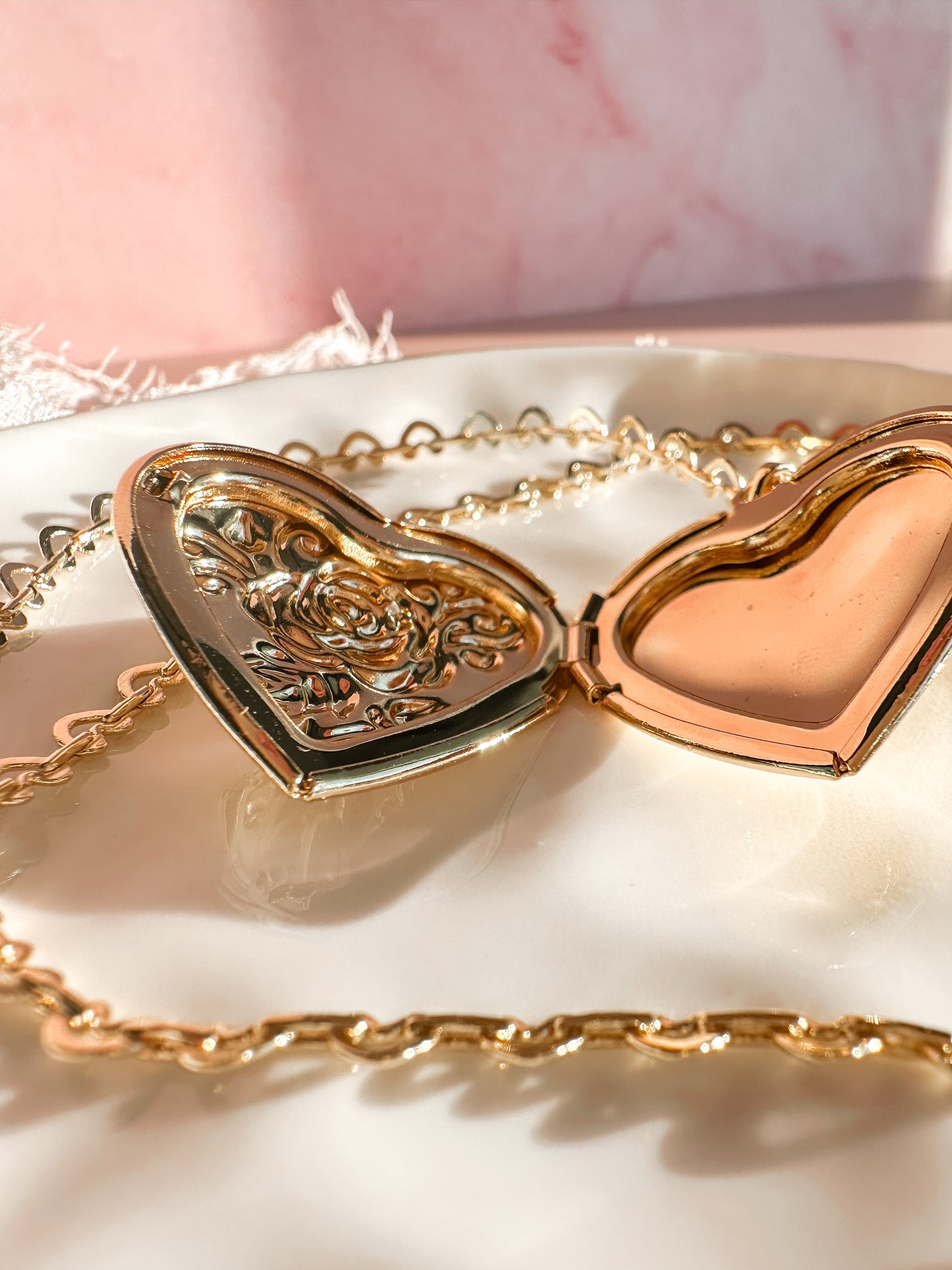 Heart Locket Necklace on a Heart Chain | 18k triple gold plated | Spring Vintage Inspired Collection