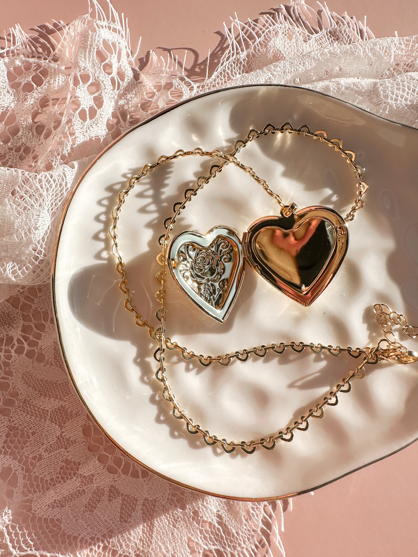 Heart Locket Necklace on a Heart Chain | 18k triple gold plated | Spring Vintage Inspired Collection