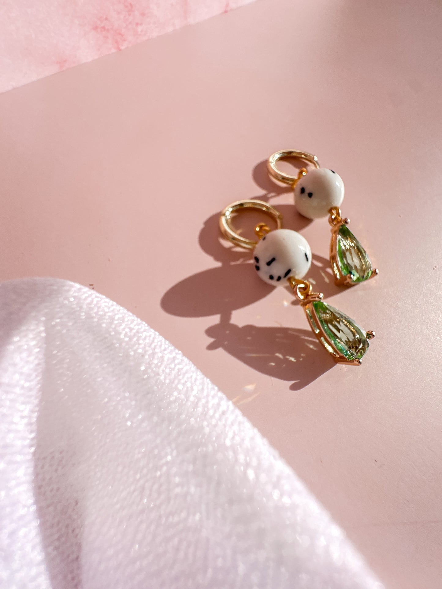 Green Charm with Dalmation Jade Beads Charm Earrings | Real Gold Plated | Spring Vintage Inspired Collection