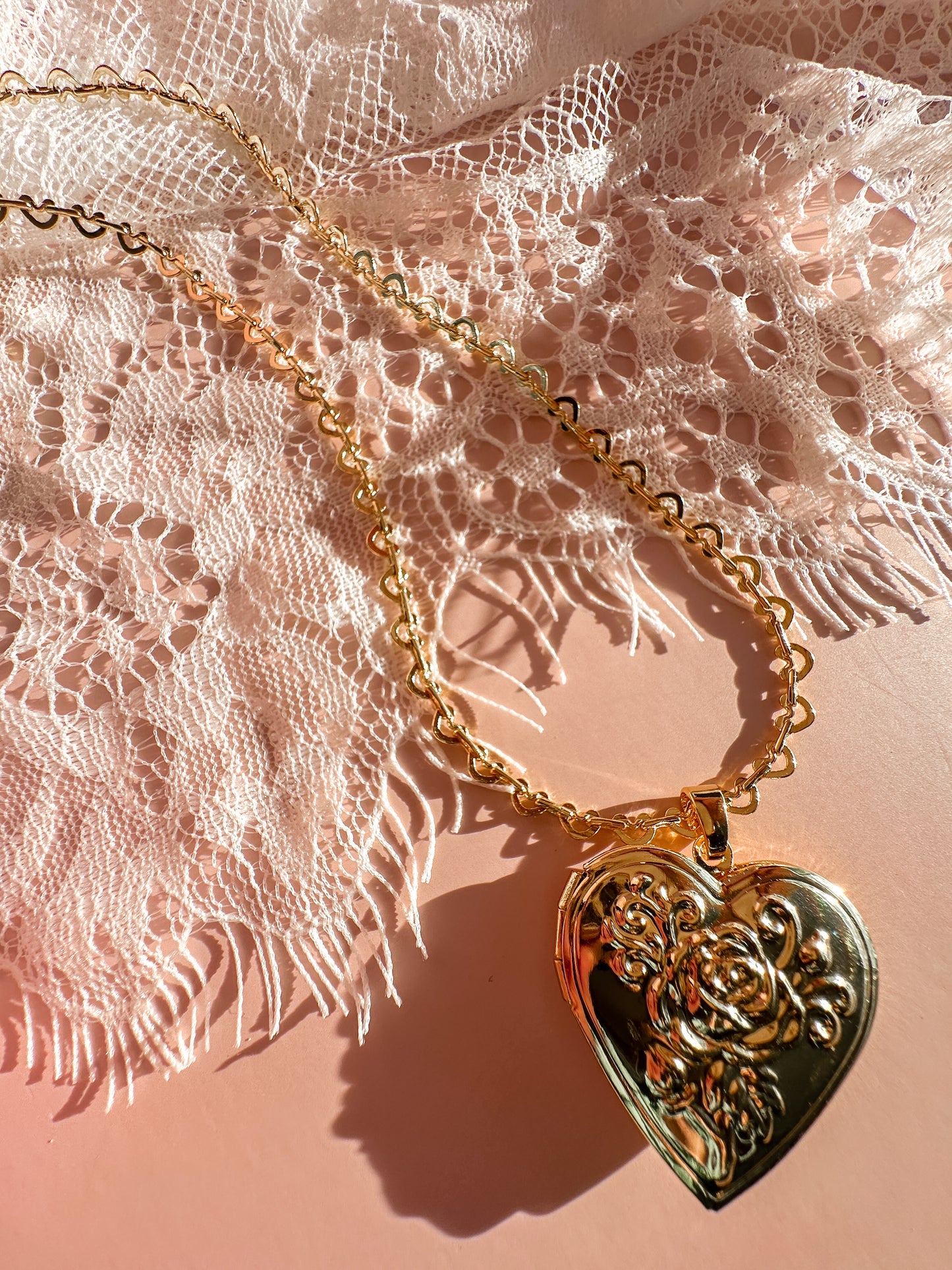 Heart Locket Necklace on a Heart Chain | 18k triple gold plated | Spring Vintage Inspired Collection