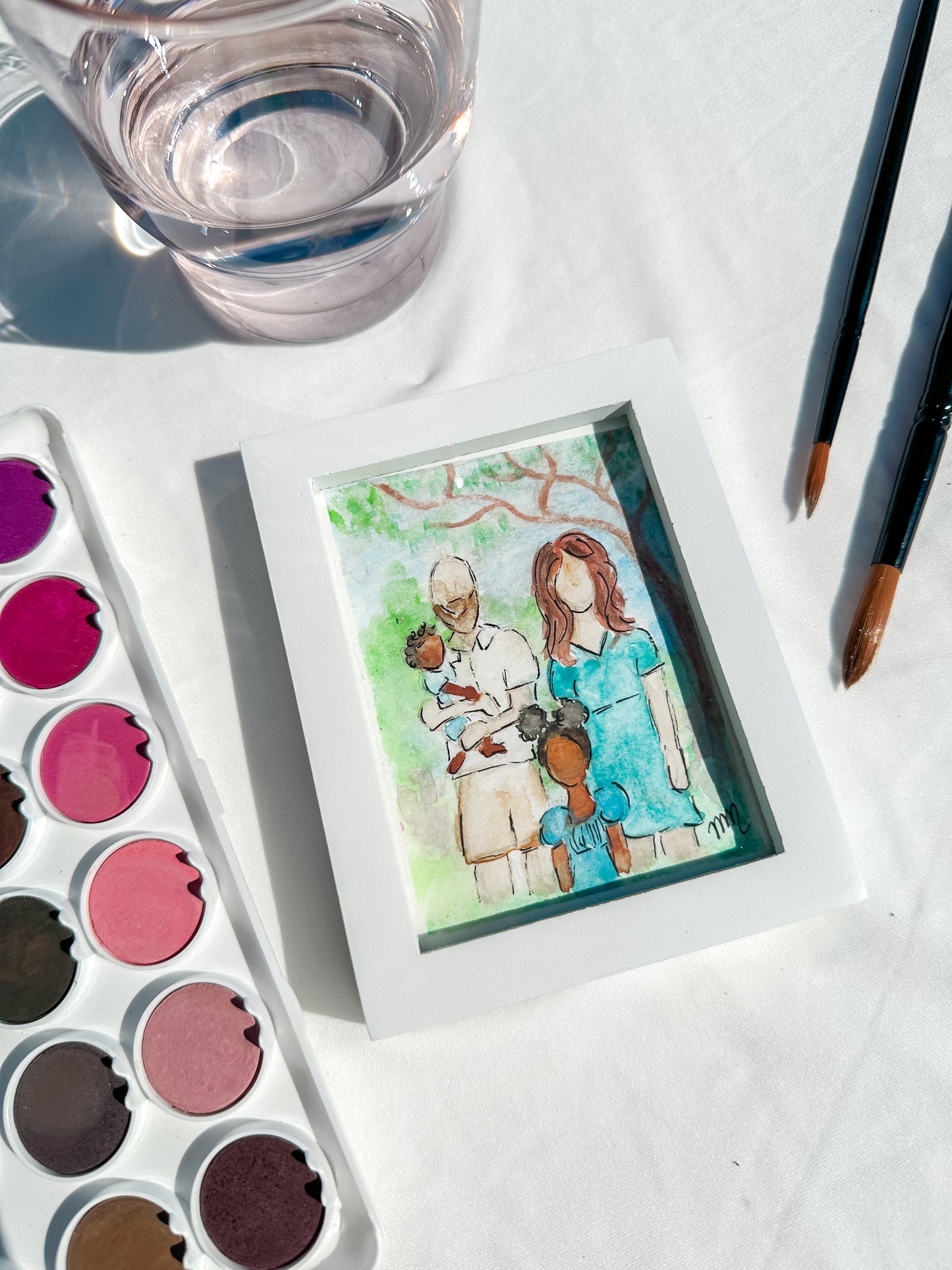 Watercolor Framed Hand-painted Family Portraits | Mini White Frame | Customizable