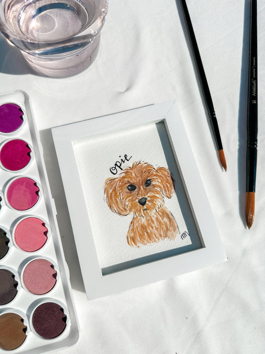 Watercolor Framed Hand-painted Pet Portraits | White Mini Frame | Customizable