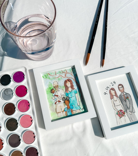 Watercolor Framed Hand-painted Family Portraits | Mini White Frame | Customizable