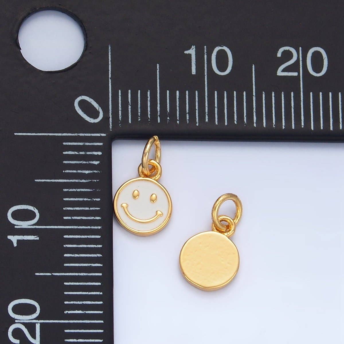 24K Gold Filled Mini Smiley Face White Enamel Round Bezel Charm | CHARM ONLY